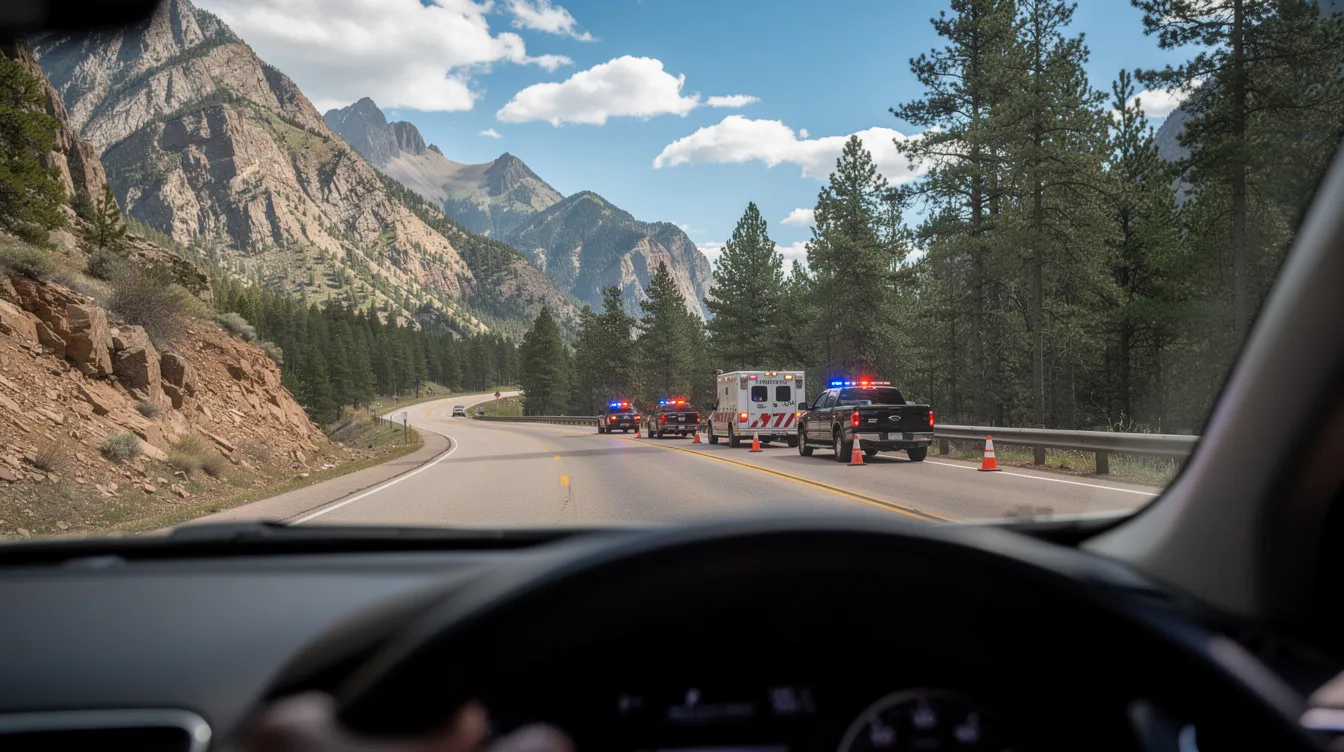 The image depicts a driver navigating a Colorado roadway, with emergency vehicles visible in the distance, possibly responding to a distracted driving accident. This scene highlights the serious implications of distracted driving incidents, emphasizing the need for awareness of Colorado's distracted driving laws.