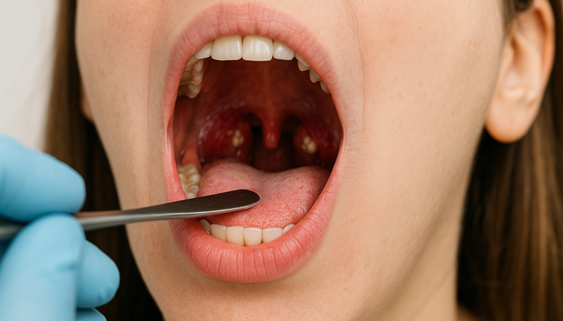 Nærbilde av åpen munn med røde mandler og hvite tonsillesteiner synlige på overflaten.
