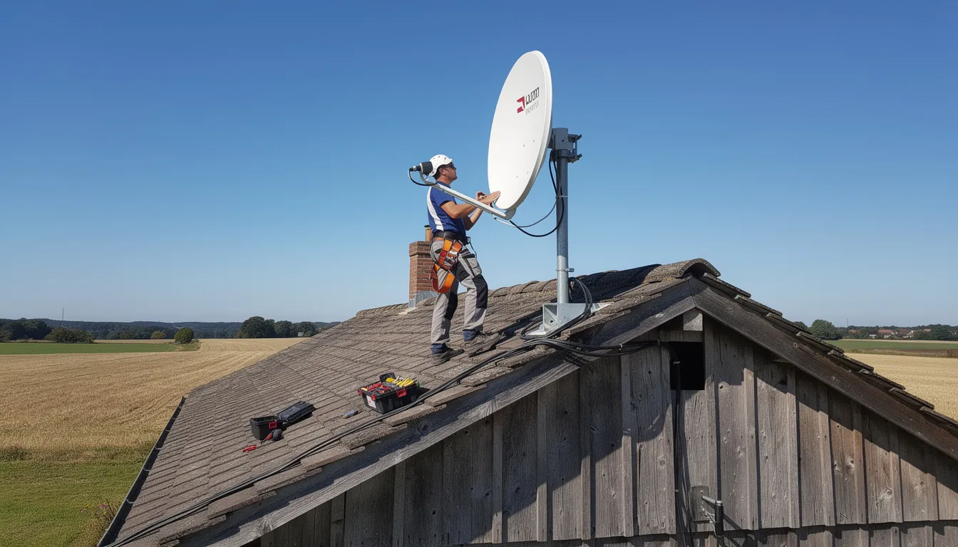 The image shows a professional installation of a satellite dish on the roof of a rural farmhouse under a clear blue sky, highlighting the expertise of accredited DSTV installers providing reliable DSTV installation services in the Western Cape. The setup ensures optimal signal strength for entertainment, reflecting high-quality workmanship and exceptional service.