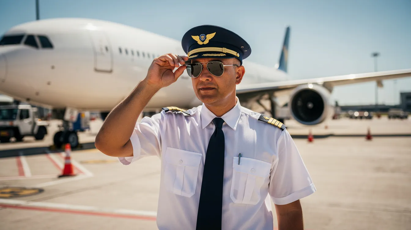 A commercial airline pilot is adjusting their sunglasses on a sunny tarmac before a flight, showcasing the importance of eye health and vision standards in aviation. Many pilots wear corrective lenses to meet FAA standards for visual acuity, ensuring safe performance during their flight duties.
