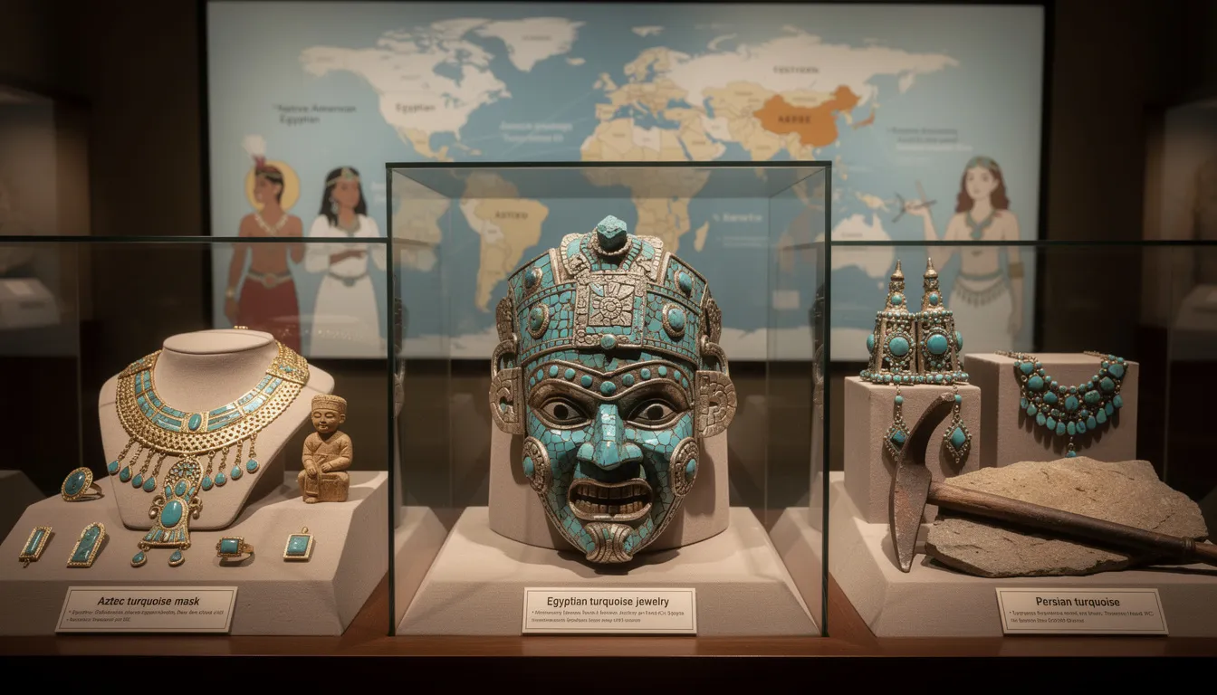 The image features a collection of exquisite turquoise jewellery, showcasing various pieces such as rings, necklaces, and earrings, each adorned with the unique colour and matrix patterns characteristic of natural turquoise. This beautiful stone, revered by ancient cultures like the Egyptians and Native Americans, is displayed against a soft backdrop, highlighting its intense blue color and the craftsmanship of sterling silver settings.