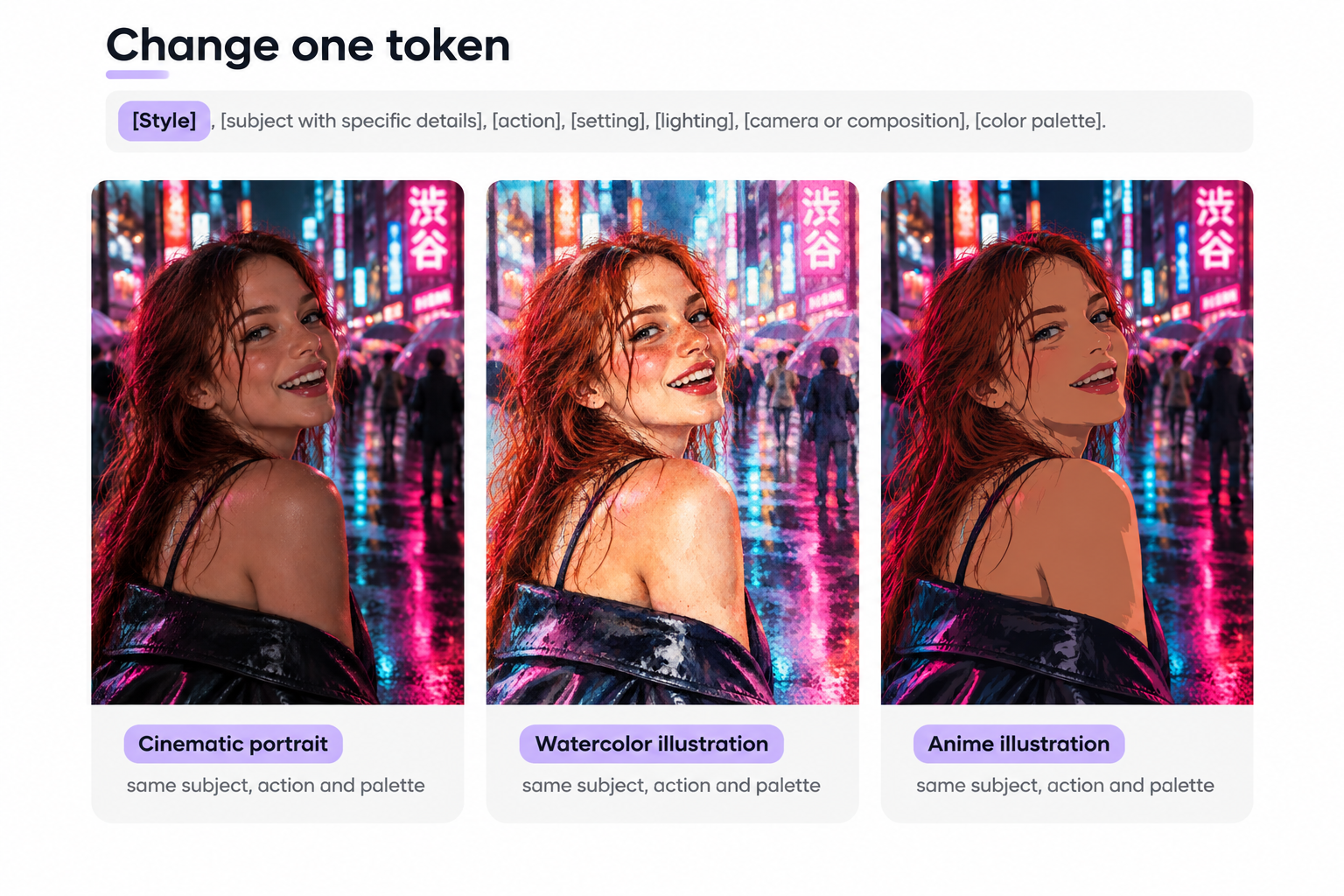 Same subject rendered three ways: cinematic portrait, watercolor illustration, pixel art