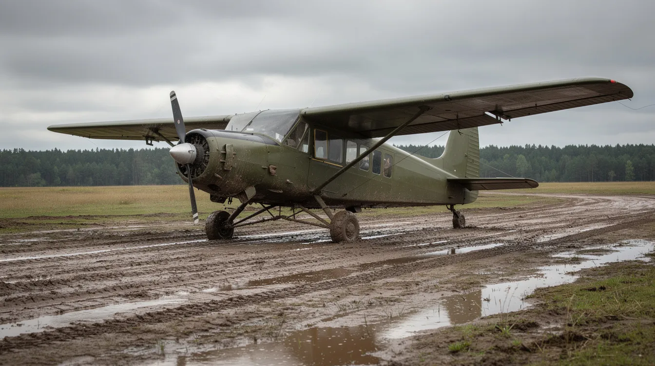 An olive drab military liaison aircraft, resembling a Piper J-3 Cub, is parked on a muddy field near a tree line, showcasing its large windows and lightweight design typical of trainer and sport planes. The scene captures the essence of aviation history, reminiscent of World War II military operations.