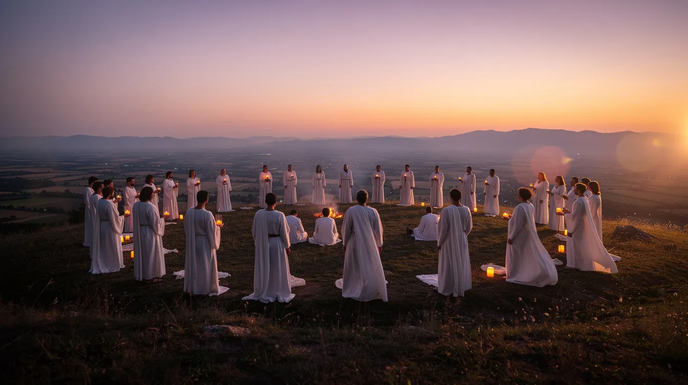 A group of people dressed in white robes gathers on a hilltop at dusk for a ceremonial celebration, embodying ancient traditions of the Samaritan community. The atmosphere is filled with a sense of religious observance and great joy, reflecting their rich heritage as a distinct ethnoreligious group in the Holy Land.