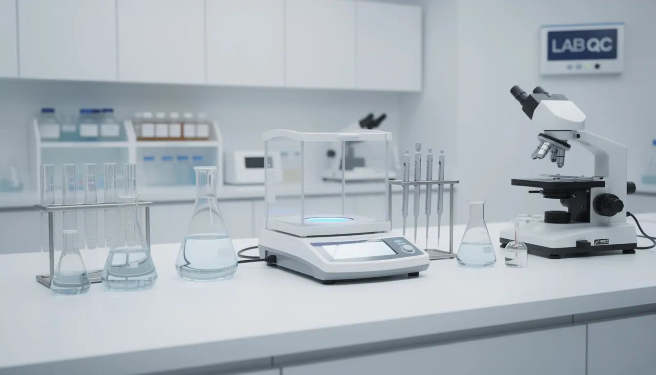 The image depicts a clean laboratory environment featuring various scientific equipment and quality testing instruments neatly arranged on a white surface, emphasizing the importance of good manufacturing practices in the dietary supplement industry. This setting highlights the rigorous standards needed for the safe marketing of products like nicotinamide mononucleotide (NMN) supplements.