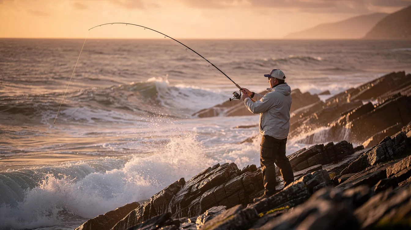 An angler stands on a rocky ocean shoreline at golden hour, casting a fishing rod into the water, with the sun setting in the background. The scene captures the tranquility of fishing, highlighting the angler's focus and the shimmering water, making it an ideal moment for bass fishing enthusiasts who appreciate quality tackle and effective lures.