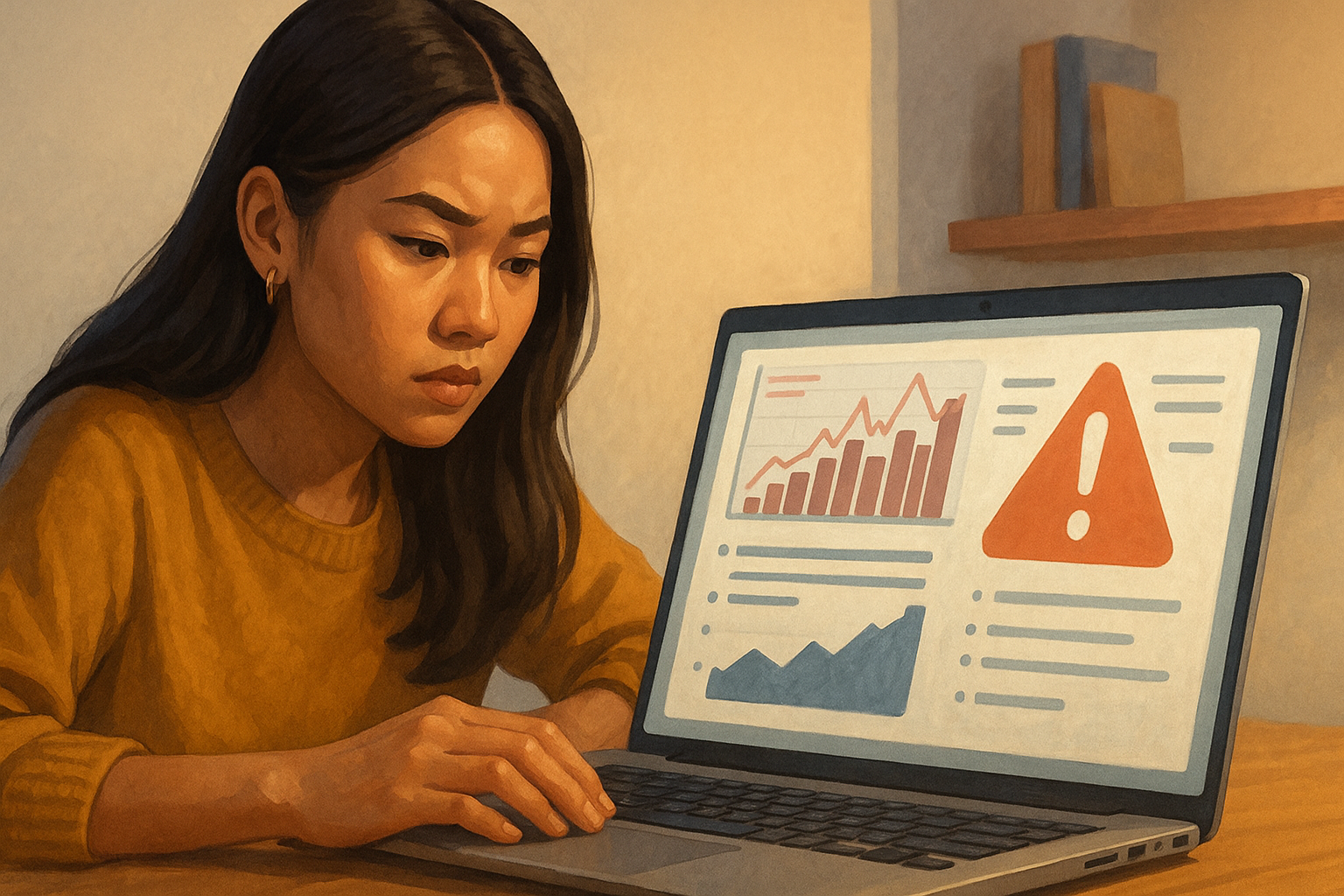 A semi-realistic digital illustration features a young Southeast Asian woman intensely analyzing scam detection graphs on her laptop, symbolizing proactive online safety measures.