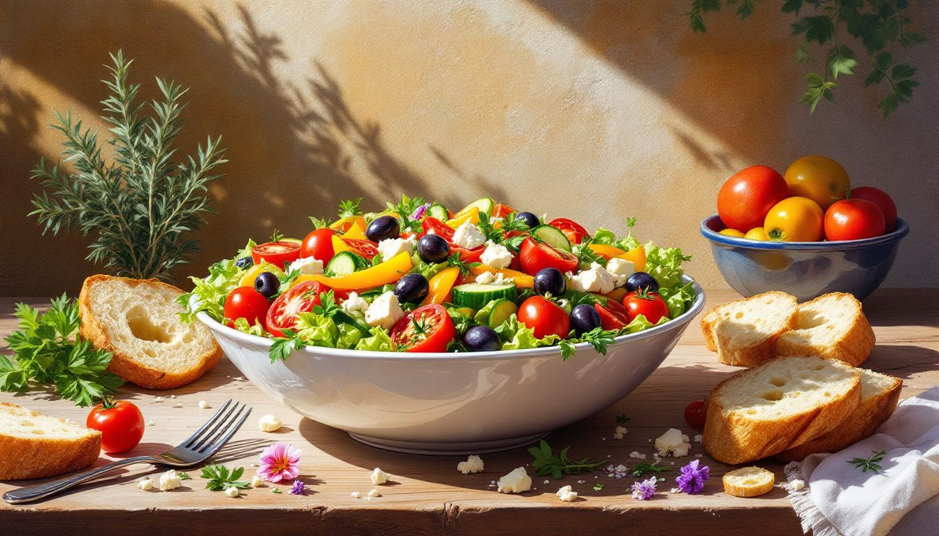 A variety of Mediterranean-inspired salads including Greek salad.