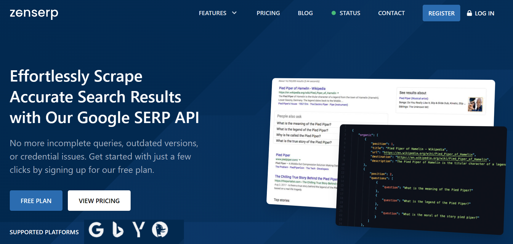 home page of the zenserp api