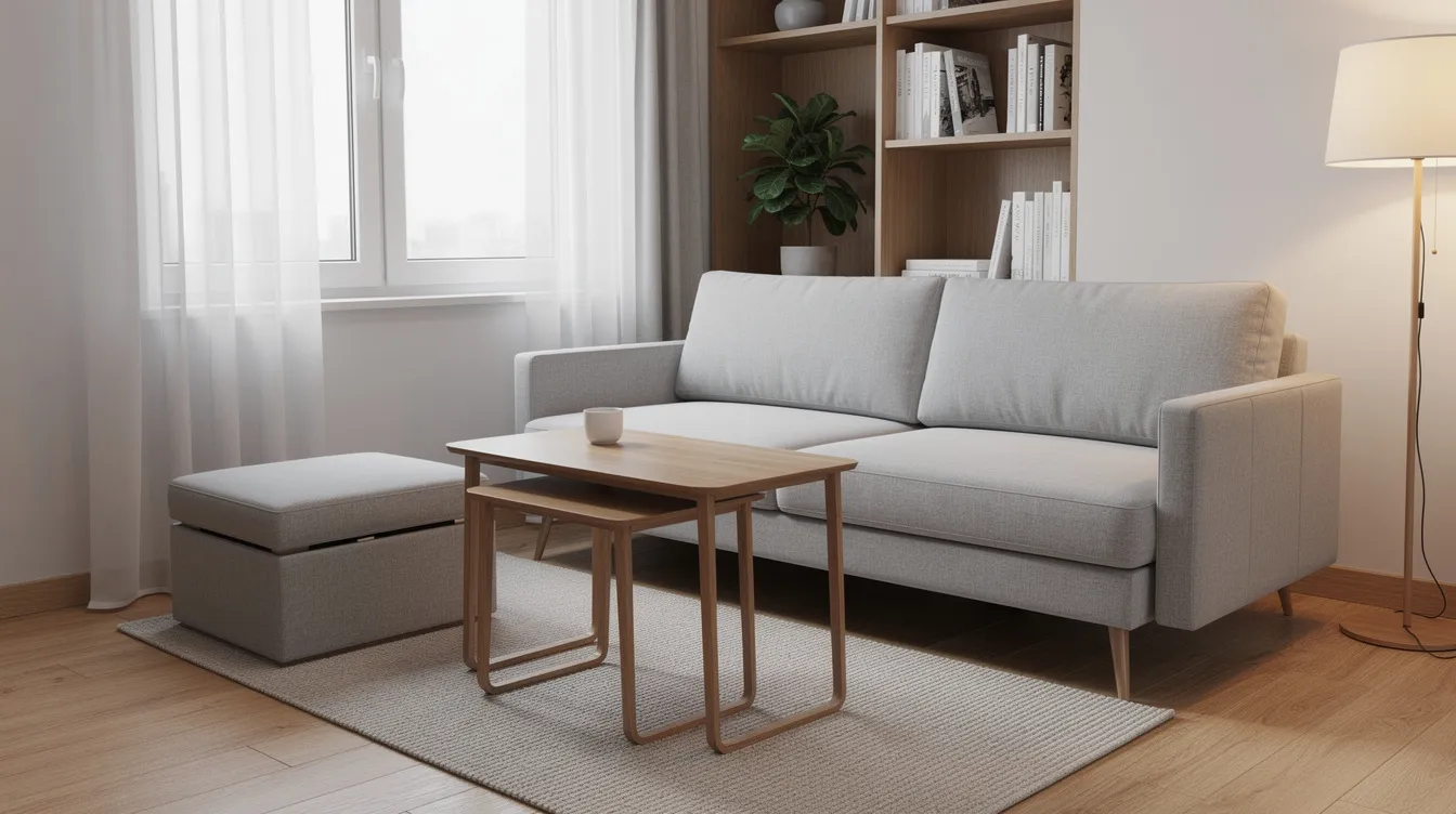 The image features a multifunctional small living room designed with clever storage solutions, including nesting tables and a storage ottoman, alongside a compact sofa bed. The soft pink color palette creates a cosy atmosphere, while the arrangement maximizes floor space, making it ideal for tiny living rooms.