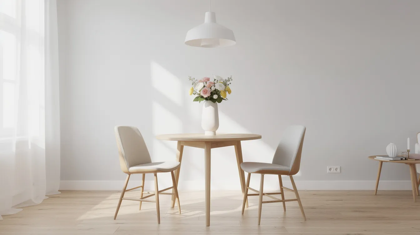 En bild av ett runt matbord med en diameter på 80 cm, omgiven av två stolar i ett ljust rum. Ovanför bordet hänger en modern pendellampa, och på bordet står en enkel vas med blommor som skapar en inbjudande känsla.