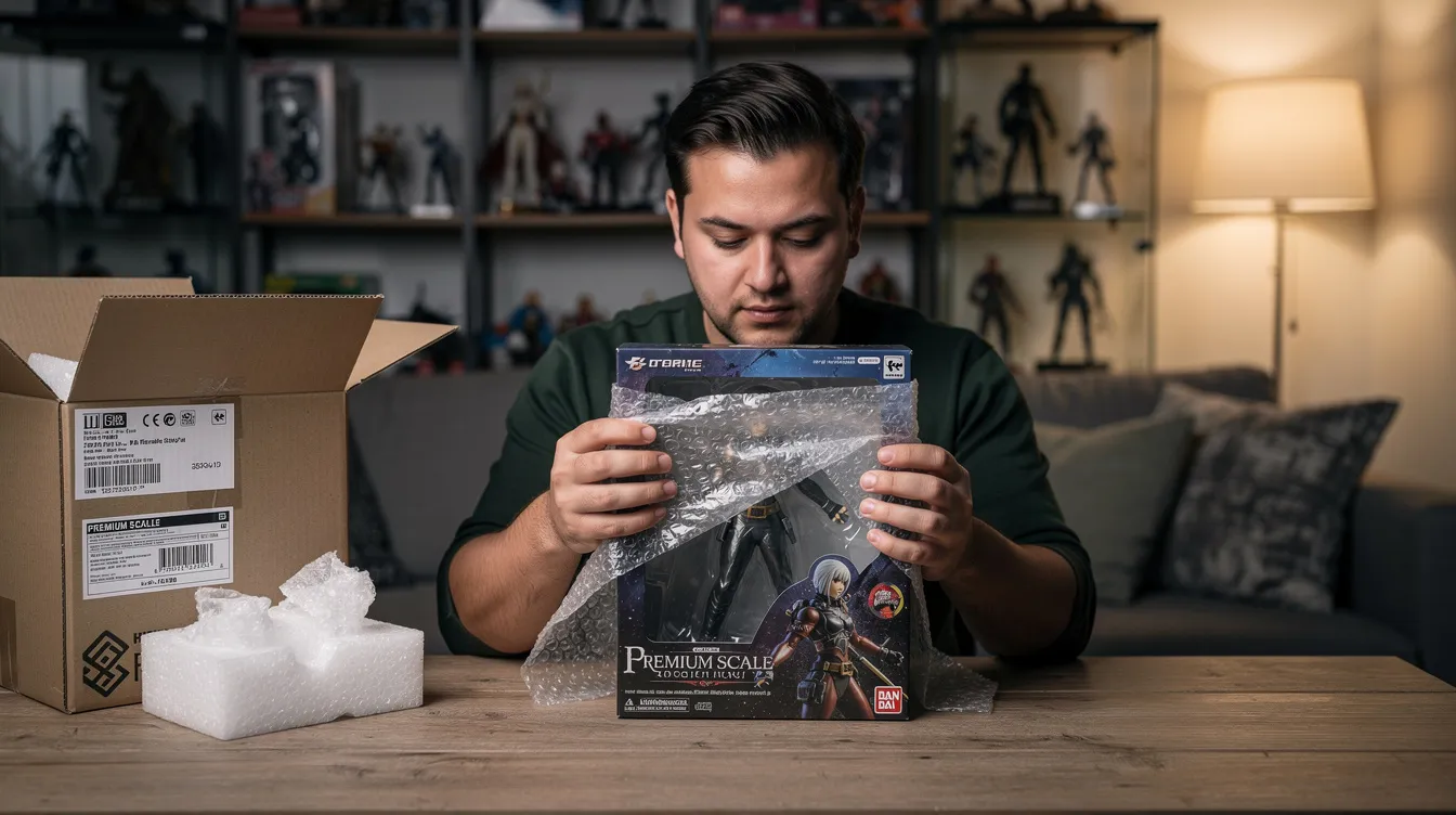 A collector is carefully opening a box containing an authentic anime figure at home, showcasing their curated collection of beloved characters from series like Dragon Ball and One Piece. The figure is revealed in perfect condition, reflecting the joy and excitement of adding a new piece to their anime figures collection.