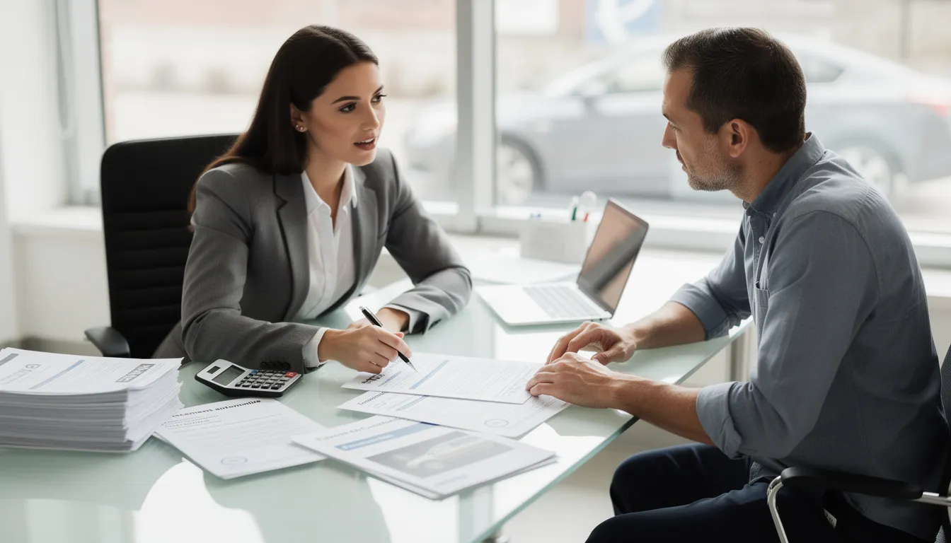 Deux personnes discutent devant un bureau, entourées de documents relatifs au financement automobile, évoquant des modèles tels que la Dacia Sandero Stepway et le Dacia Spring. L'atmosphère est professionnelle, avec des éléments de financement et des informations sur les véhicules en cours d'examen.