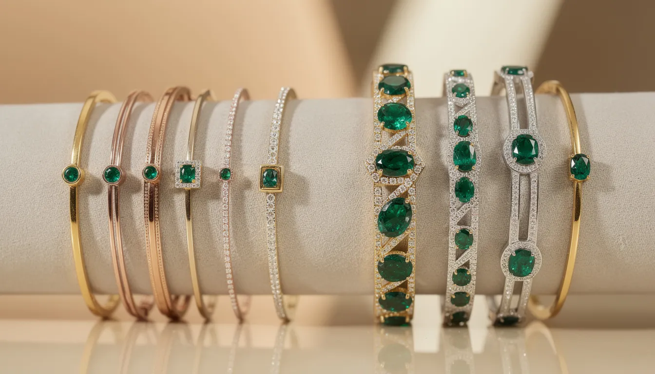 The image showcases a collection of emerald bangles, highlighting both minimalist styles with sleek lines and subtle emerald accents for everyday wear, as well as bold statement pieces adorned with multiple emeralds and diamonds for special occasions. This range represents timeless elegance and versatility, perfect for enhancing any outfit.