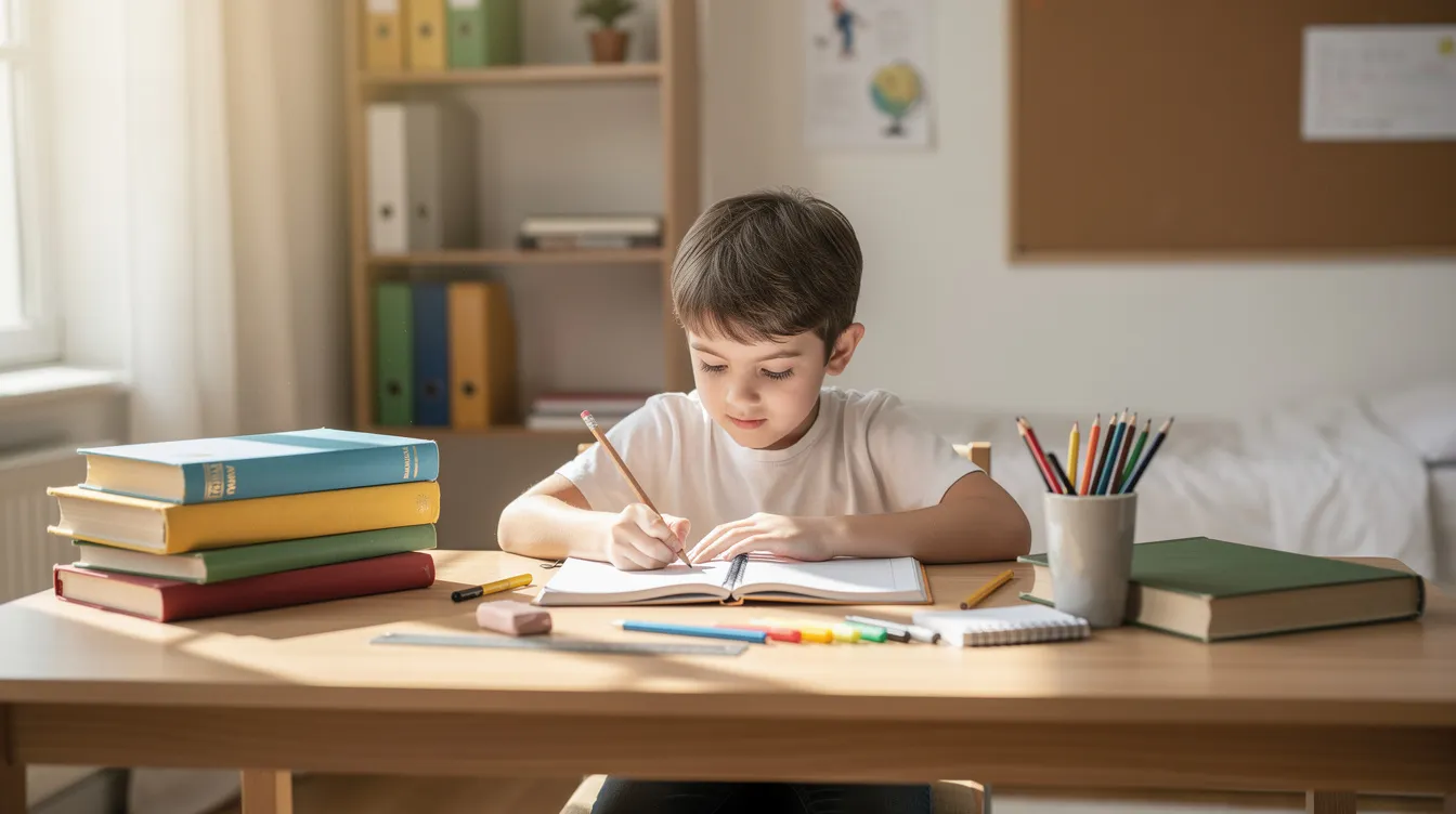 A child is sitting at a neat desk surrounded by school books and stationery, focused on completing homework independently in a well-lit room. This supportive environment encourages independent learning skills, helping young learners develop self-motivation and confidence in their academic journey.