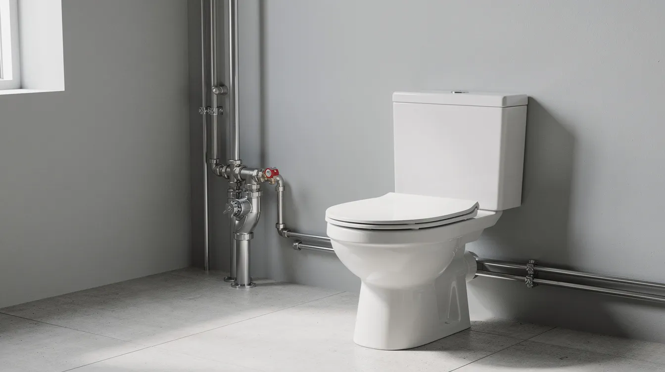 Cette image montre une salle de bains moderne avec des toilettes blanches et de la plomberie visible, illustrant un intérieur contemporain. On peut imaginer l'intégration d'un système de récupération d'eau de pluie pour les wc et le lave-linge, en conformité avec la réglementation en France.