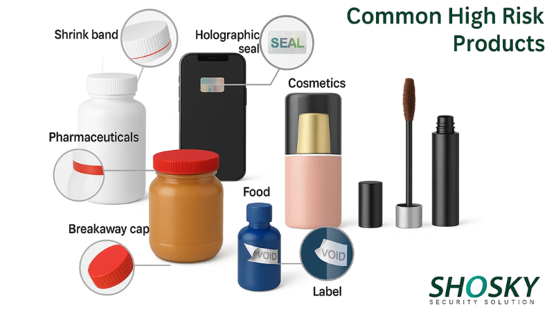 Common high-risk products with security features like seals and void labels
