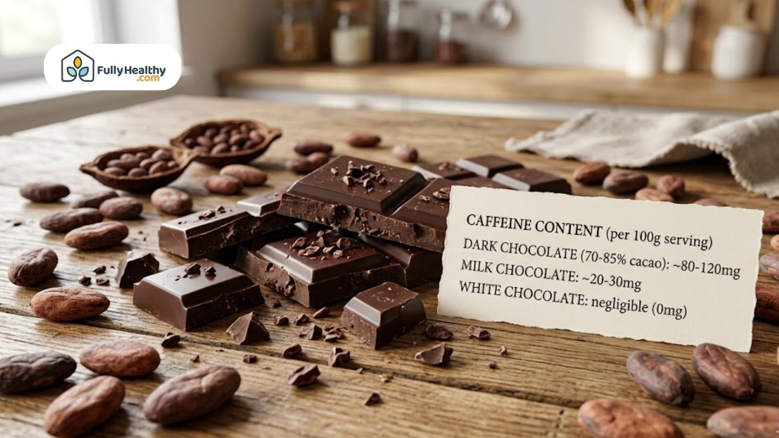 Dark chocolate pieces with cacao beans and caffeine content information displayed
