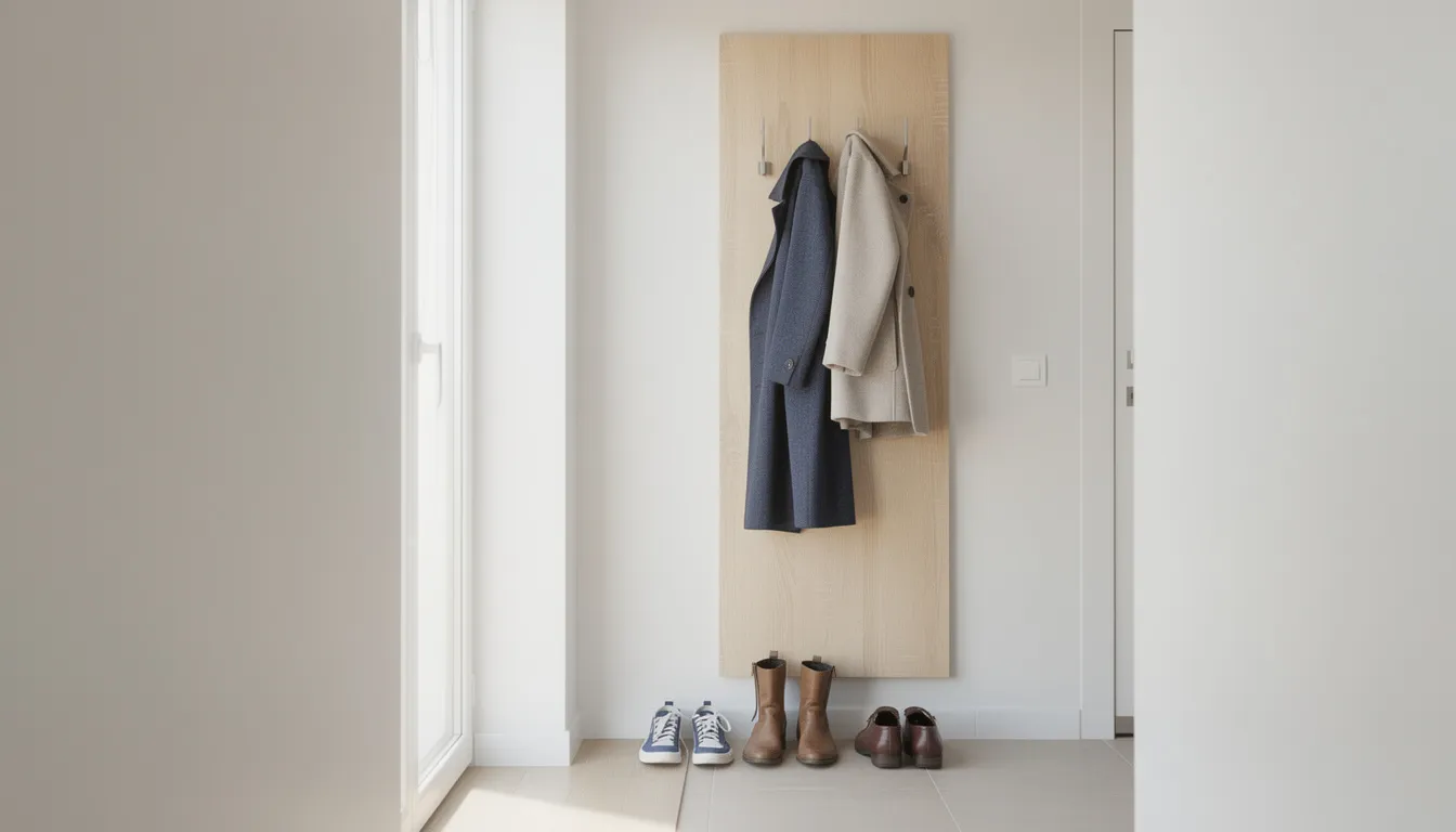 Een smalle gang met een houten lattenwand kapstok, waarop enkele jassen hangen en een paar schoenen eronder zijn geplaatst. Het wandpaneel biedt een praktische en stijlvolle oplossing voor de inrichting van deze ruimte.