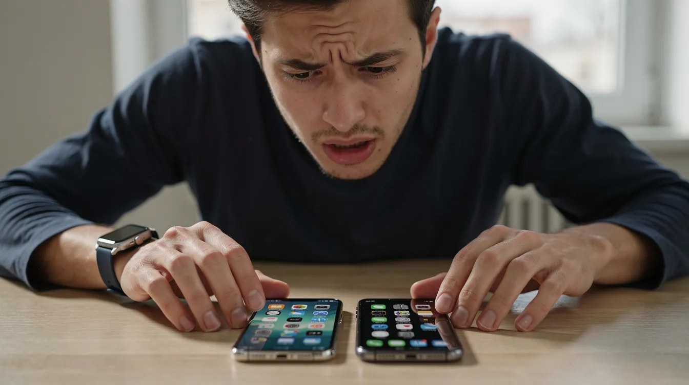 Eine Person schaut mit einem leicht verwirrten Ausdruck auf eine Smartwatch und ein Smartphone, die beide auf einem Tisch liegen. Die Geräte scheinen darauf zu warten, dass die Apple Watch mit dem iPhone gekoppelt wird, während die Person möglicherweise Fragen zur Konfiguration oder Verbindung hat.