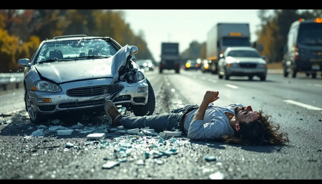 An image depicting the aftermath of a car accident shows a damaged vehicle on the roadside, with visible signs of serious injuries such as broken glass and crumpled metal. Emergency medical personnel are attending to a victim, highlighting the urgency of seeking medical treatment for potential traumatic brain injuries and other serious injuries sustained in the crash.