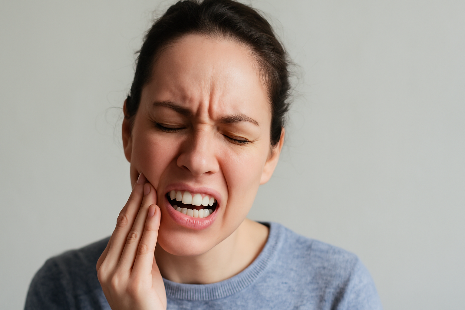 Kvinne med smertefullt uttrykk holder hånden mot kinnet, viser tegn på akutt tannproblem som krever øyeblikkelig hjelp.