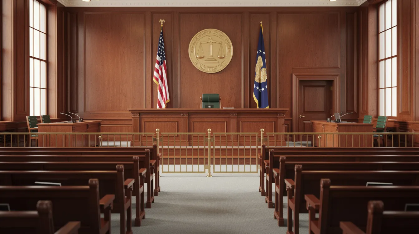 The image depicts a courtroom with polished wooden benches and a prominent judge's bench, symbolizing the serious nature of legal proceedings, such as a probation violation hearing. This setting is where individuals facing probation violation charges may seek legal representation to address the potential consequences of their actions.