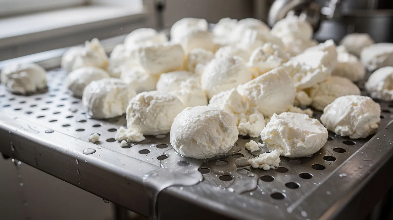 42d592e0 69db 4002 b0f8 1a6ffc41c07b The image shows fresh white cheese curds being drained on a stainless steel perforated table, part of the cheese making process. These curds, formed from curdling milk, are ready for further processing into various types of cheese, such as cottage cheese or cream cheese.