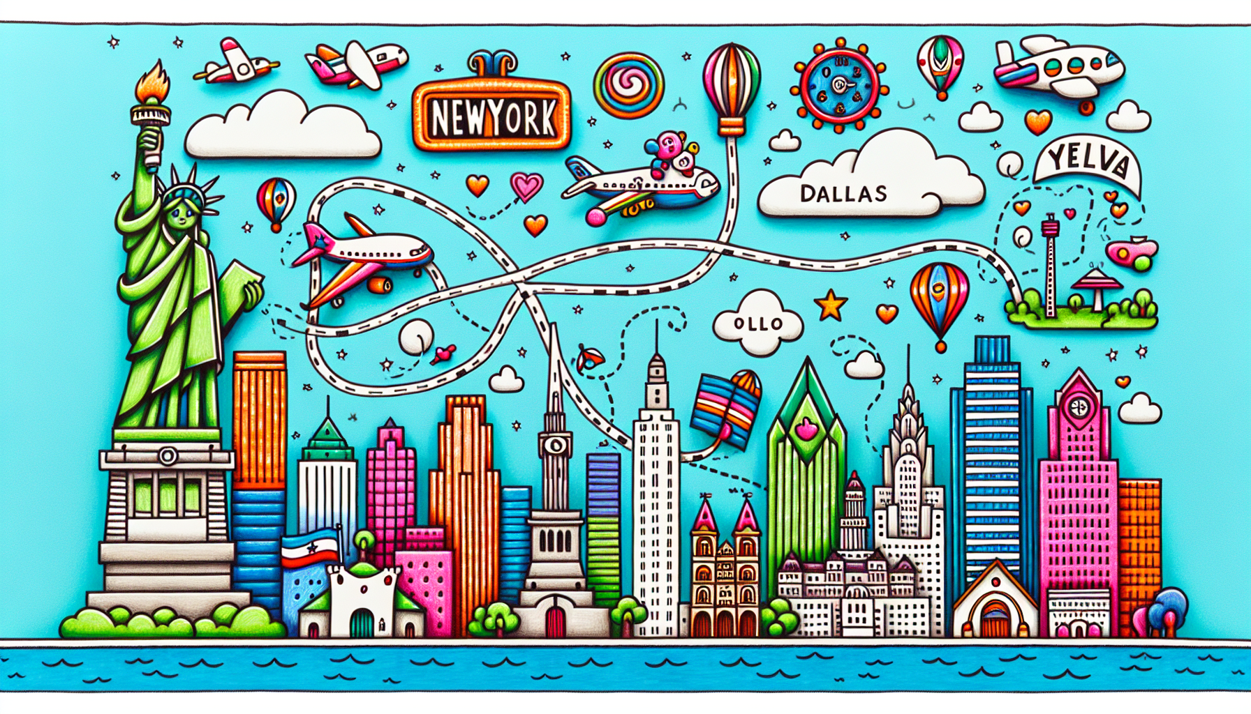 A drawing of a distance map showing the flight direction from NYC to Dallas, including landmarks.