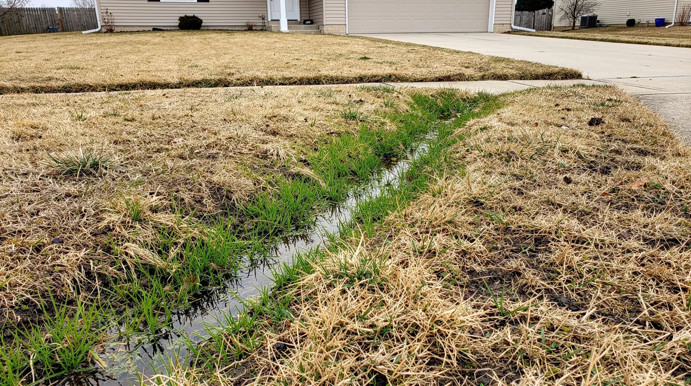 The image depicts a residential yard featuring an unusually green and soggy strip of grass that contrasts with the surrounding dry lawn, suggesting potential sewer line problems such as a leaking sewer pipe or damaged sewer line. This condition may indicate early warning signs of serious health risks and could require professional sewer line inspections to assess the plumbing system's integrity.