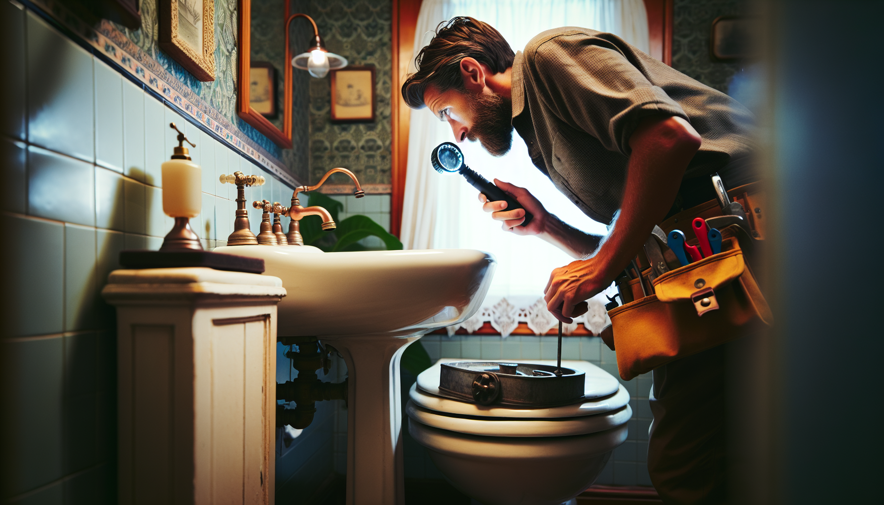 Person inspecting plumbing fixtures for water leaks