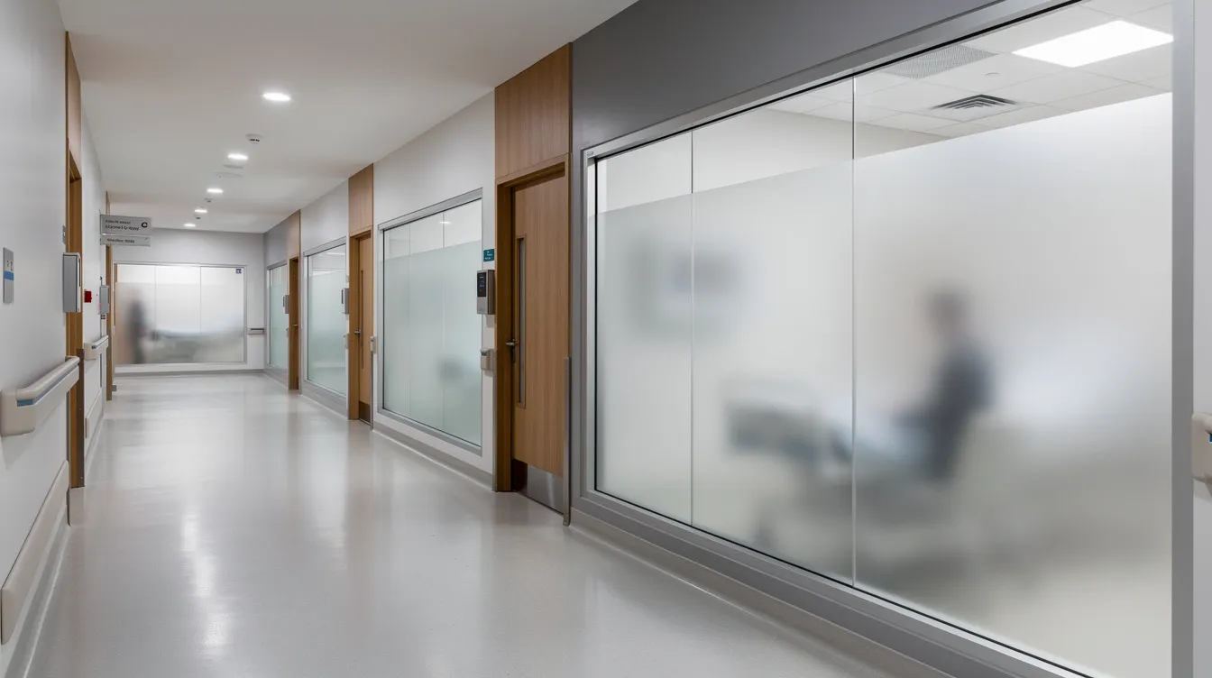 The image depicts a healthcare facility hallway featuring glass observation windows equipped with switchable smart film in a frosted opaque state, providing instant privacy while maintaining a modern aesthetic. The smart glass technology enhances the environment by allowing for light transmission control, ensuring both privacy and comfort within the space.