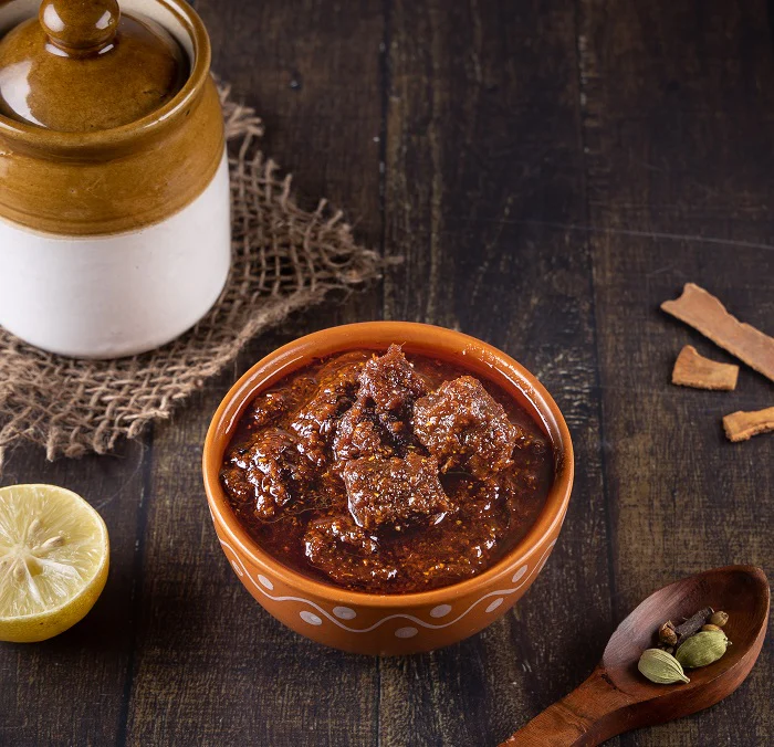 A bowl of freshly made mutton pickles.