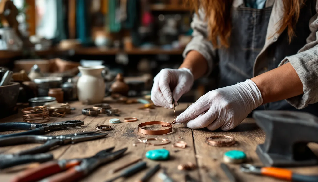 The image depicts a beautifully crafted jewelry piece featuring Mojave turquoise, showcasing its unique blend of green, blue, and hints of purple colors. The jewelry is set against a backdrop of tools used in the jewelry-making process, highlighting the ancient history and craftsmanship involved in creating these treasured gemstones.