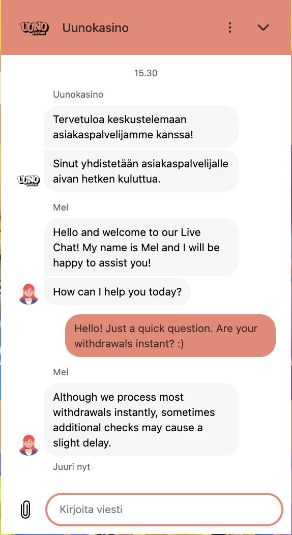 Uuno Kasino asiakaspalvelu palvelee live-chatissa englanniksi