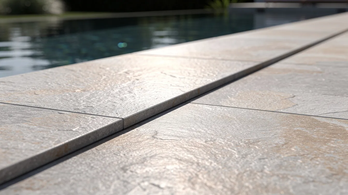 The image features textured stone-look porcelain tiles arranged around a swimming pool, showcasing their durability and slip resistance for outdoor areas. These outdoor floor tiles provide a stylish and low-maintenance option for pool decks, blending seamlessly with the natural stone aesthetic.
