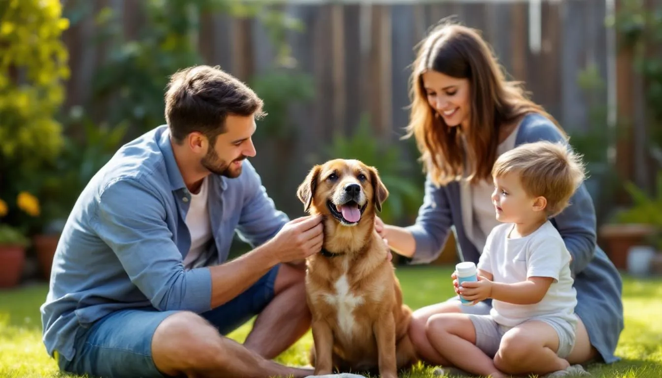 In a backyard setting, a family is applying tick prevention products to their brown dog, emphasizing comprehensive household protection against tick-borne diseases like canine ehrlichiosis. The scene highlights the importance of safeguarding domestic animals from infected ticks and the potential health risks associated with tick exposure.