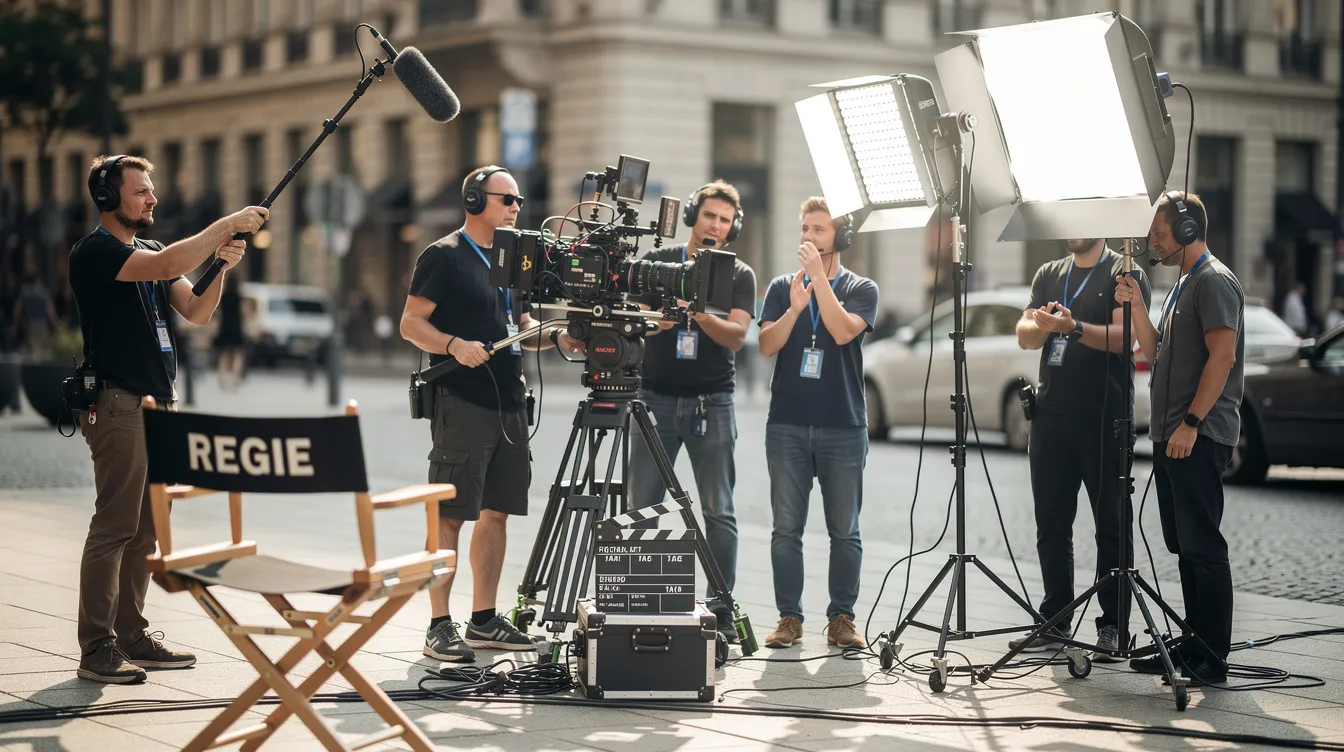 Eine Filmcrew arbeitet an einem Außenset, wo eine Kamera aufgestellt ist und Beleuchtungsequipment für die Dreharbeiten bereitsteht. Im Hintergrund ist ein Regiestuhl zu sehen, auf dem ein Mitglied des Filmteams Platz genommen hat, während die anderen sich auf die nächste Szene vorbereiten.
