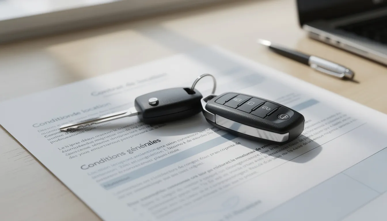Des clés de voiture sont posées sur un contrat de location, accompagnées de documents tels que le permis de conduire et une carte de crédit, illustrant le processus de prise en charge chez Hertz. Ces éléments sont essentiels pour la réservation d'un véhicule et le respect des conditions de location.