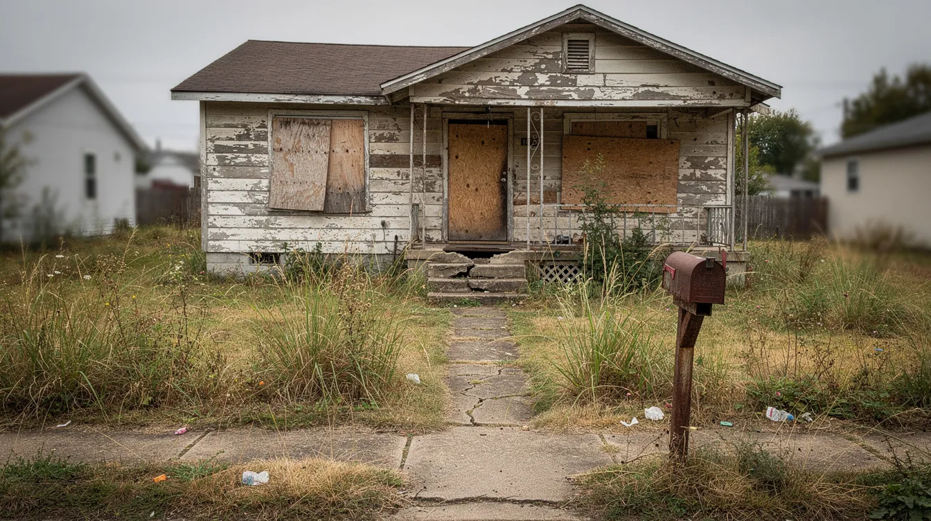 The image depicts a distressed residential property that is boarded up, surrounded by overgrown grass, indicating neglect. This type of property may attract real estate investors looking to purchase distressed properties for renovation or flipping, often utilizing hard money loans for quick financing solutions.