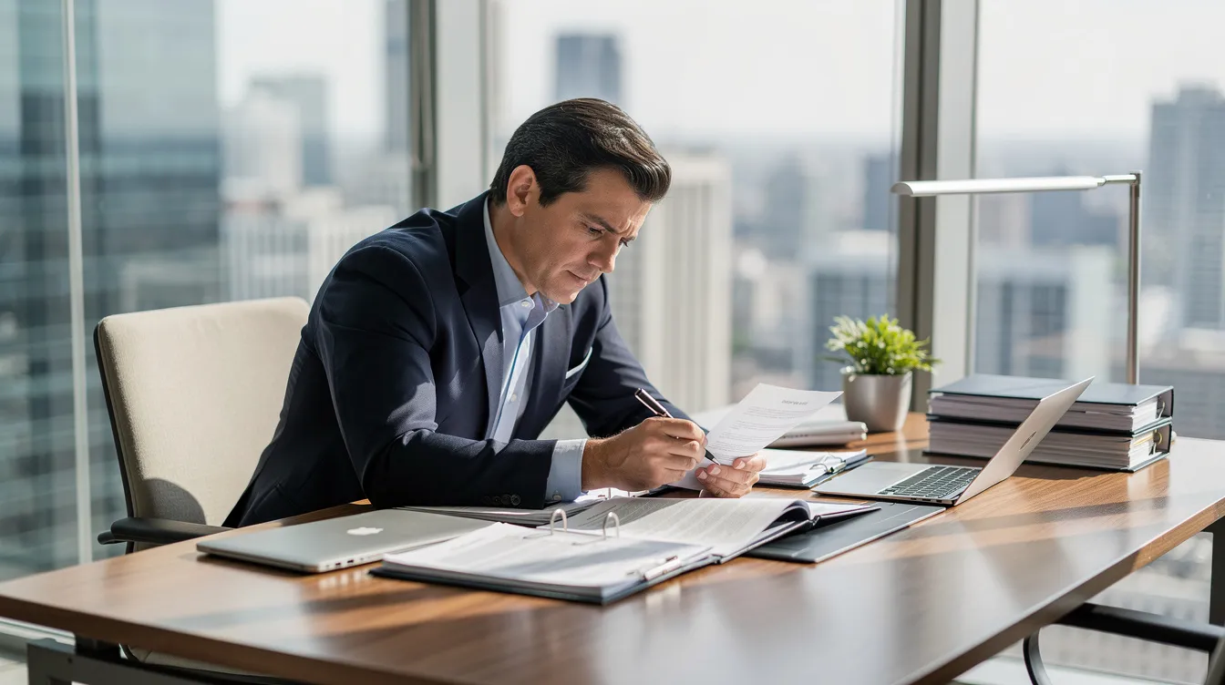 A professional attorney is seated at a modern office desk, meticulously reviewing legal documents related to immigration law, specifically focusing on the E-2 visa application process for foreign nationals. The atmosphere conveys a sense of diligence and expertise, essential for guiding clients through the complexities of obtaining investor visas and ensuring their business remains operational.