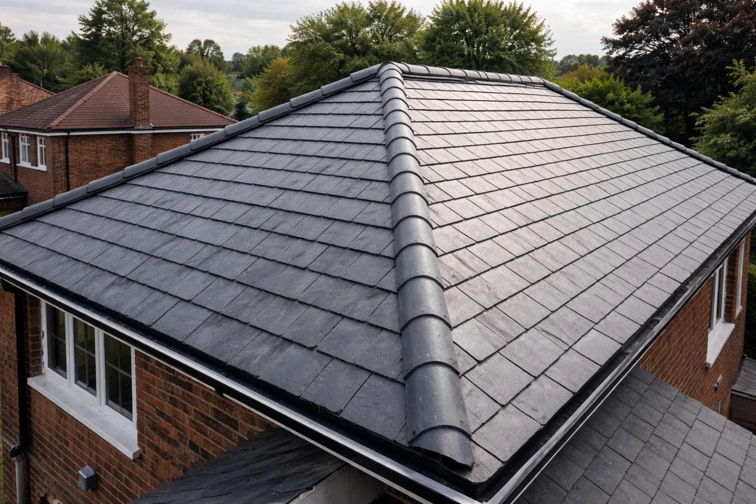 Newly installed slate roof on a UK home with clean and even slate alignment