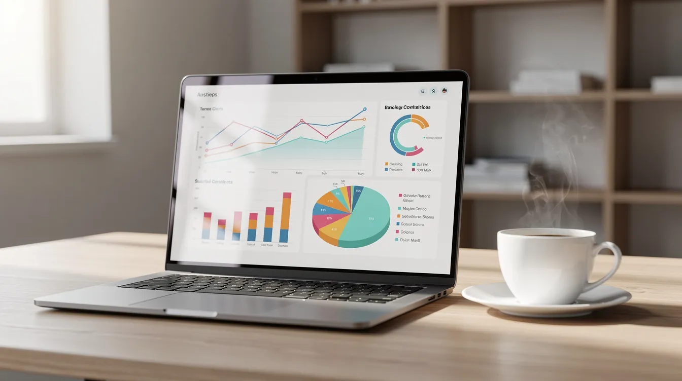 A laptop sits on a desk displaying colorful charts and graphs, indicating various data analyses, while a coffee cup rests beside it, creating a cozy workspace atmosphere. This scene reflects the digital marketing efforts of a Gainesville SEO company focused on improving search rankings and online visibility for local businesses.