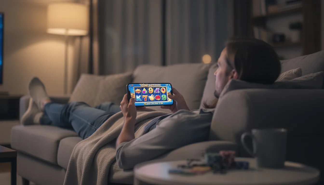 A person enjoying mobile casino games on a smartphone, representing the Filiplay app experience.