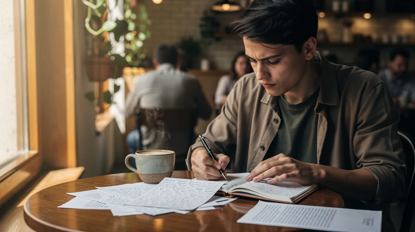 A person sits at a coffee shop, deeply engaged in reviewing notes, reflecting on their dating life and contemplating decisions related to intentional dating. The scene conveys a sense of focus and self-awareness as they seek clarity on building a meaningful relationship.