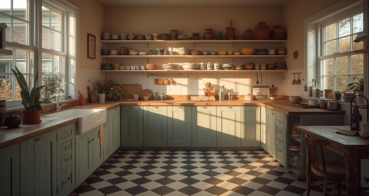 Checkerboard tiles in a kitchen