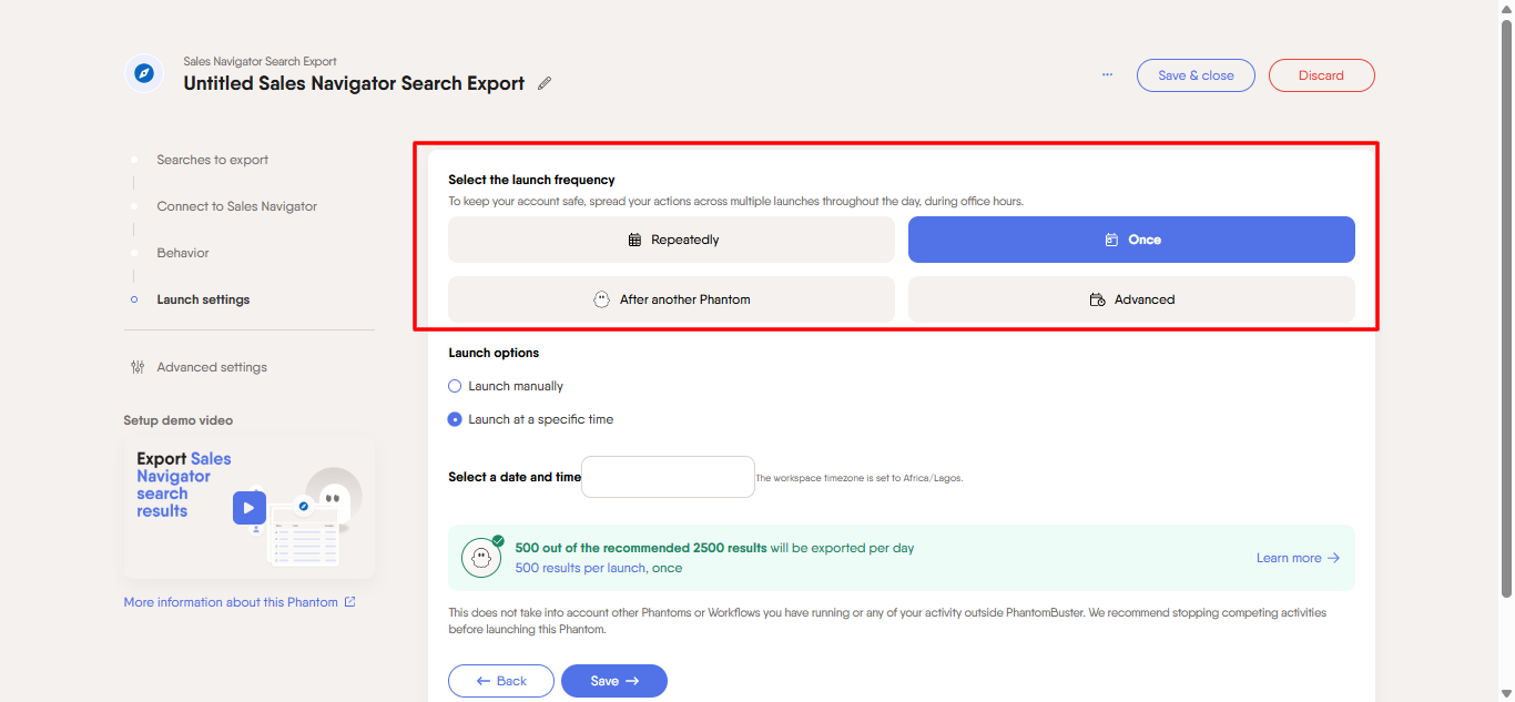 PhantomBuster launch settings showing daily execution schedule configuration