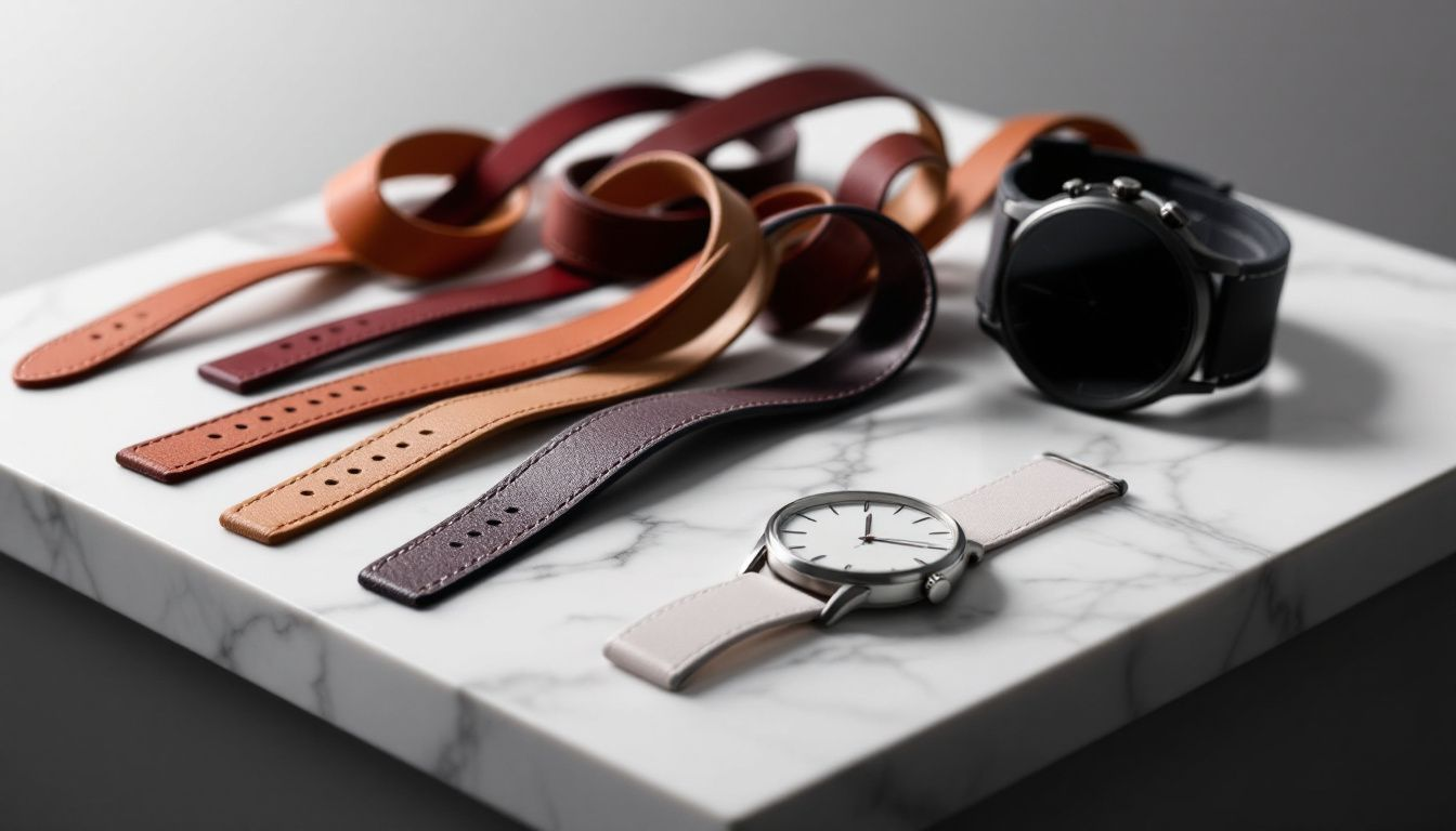 Different types of leather watch straps arranged neatly.