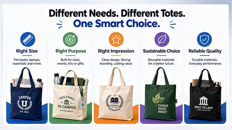 Different school tote bags for books, campus events, welcome kits, and sustainable programs.