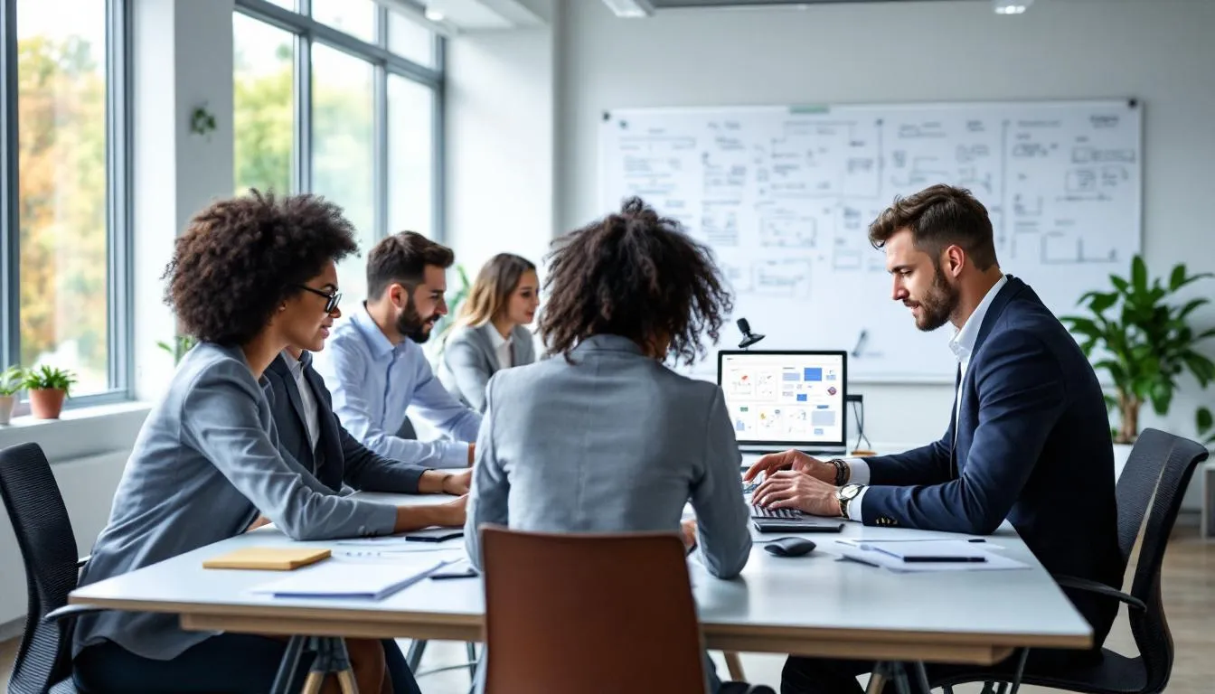 The image depicts a collaborative workspace where a team of social media experts from a top Facebook advertising agency is brainstorming creative content for targeted ad campaigns. They are discussing strategies to effectively engage their audience and drive sales through tailored Facebook advertising services.